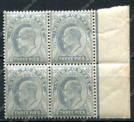 Индия 1902-1911 гг. • Gb# 119 • 3 p. • Эдуард VII • стандарт • кв.блок • MNH OG XF