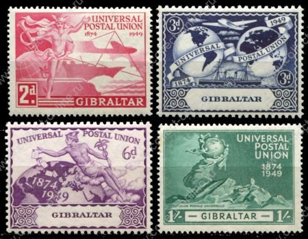 Гибралтар 1949 г. • Gb# 136-9 • 2 d. - 1 sh. • 75-летие Всемирного Почтового Союза(UPU) • полн. серия • MNH OG VF ( кат. - £5 )