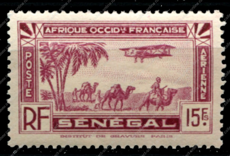 Сенегал 1935 г. • Iv# A11 • 15 fr. • аэроплан над караваном верблюдов • авиапочта • MH OG VF