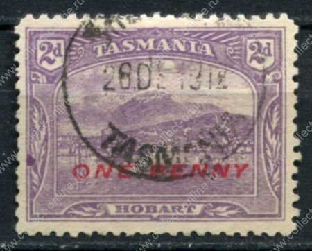 Австралия • Тасмания 1912 г. • Gb# 260 • 1 на 2 d. • надп. нов. номинала • вид на Хобарт с моря • Used VF