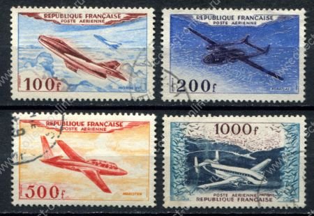 Франция 1954 г. • Mi# 987-990 • 100-1000 fr. • Французские самолёты • авиапочта • полн. серия • Used VF ( кат. - €40 )