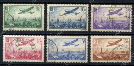 Франция 1936 г. • Mi# 305-310 • 85 c. - 3.50 fr. • самолёт над Парижем • авиапочта • Used F-VF ( кат. - €40+ )