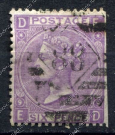 Великобритания 1867-1880 гг. • Gb# 109 pl. 9 • 6 d. • Королева Виктория • стандарт • Used F- ( кат.- £ 90 )