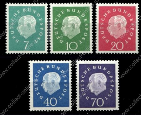 Германия • ФРГ 1959 г. • Mi# 302-306 • 7 - 70 pf. • Президент Теодор Хойс • стандарт • полн. серия • MLH OG VF ( кат.- €20- )