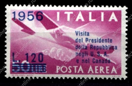 Италия 1956 г. • Mi# 962 • 120 на 50 L. • Визит президента в США и Канаду • надпечатка • авиапочта • MLH OG VF