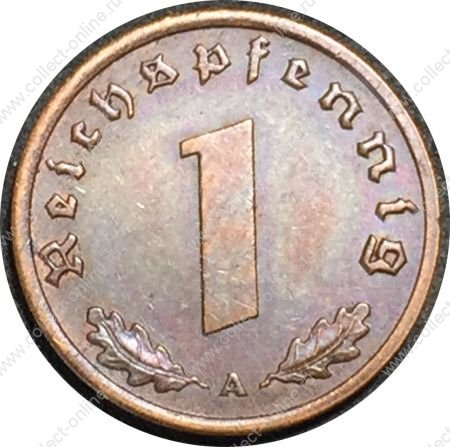 Германия • 3-й рейх 1938 г. A(Берлин) • KM# 89 • 1 рейхспфенниг • орел на венке • регулярный выпуск • XF-AU