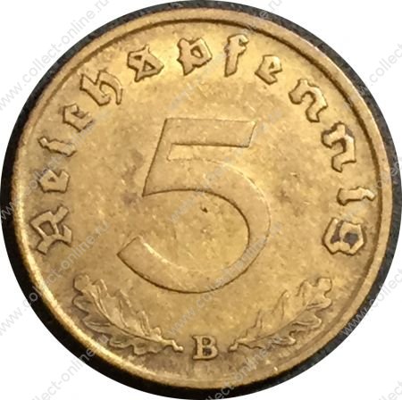 Германия 1939 г. B (Вена) • KM# 91 • 5 рейхспфеннигов • орел на венке • регулярный выпуск • XF-AU