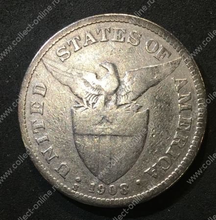 Филиппины 1908 г. S • KM# 171 • 50 сентаво • американский орел на щите • серебро • регулярный выпуск • VF-