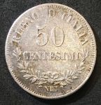 Италия 1863 г. N(Неаполь) BN • KM# 14.2 • 50 чентезимо • Король Умберто I • серебро • XF ( кат. - $30 )