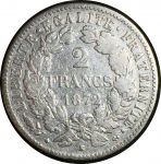 Франция 1872 г. K(Бордо) KM# 817.2 • 2 франка • богиня Церера • серебро • регулярный выпуск • VF+