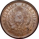 Аргентина 1891 г. • KM# 33 • 2 сентаво • герб Аргентины • регулярный выпуск • AU