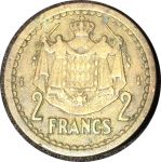 Монако 1945 г. • KM# 121a • 2 франка • Луи II • герб княжества • регулярный выпуск • XF