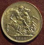 Великобритания 1901 г. • KM# 785 • соверен • королева Виктория • св. Георгий • золото 917 - 7.98 гр. • регулярный выпуск • AU+