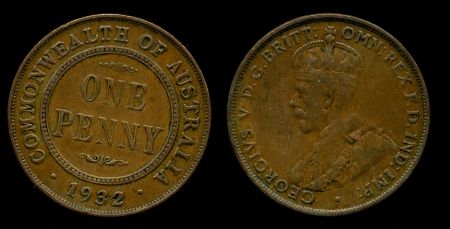 Австралия 1932 г. • KM# 23 • 1 пенни • Георг V • регулярный выпуск • VF+ ( кат.- $20 )