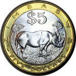 Зимбабве 2001-2003 гг. • KM# 13 • 5 долларов • биметалл • носорог • регулярный выпуск • MS BU- ( кат.- $ 6,00 )