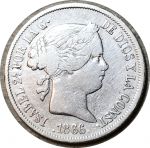 Испания 1866 г. • KM# 628.2 • 40 сентимо • Королева Изабелла II • королевский герб • регулярный выпуск • VF