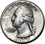 США 1939 г. • KM# 164 • квотер (25 центов) • Джордж Вашингтон • серебро • регулярный выпуск • F