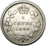 Канада 1880 г. H • KM# 2 • 5 центов • Виктория • серебро • регулярный выпуск • F-VF*