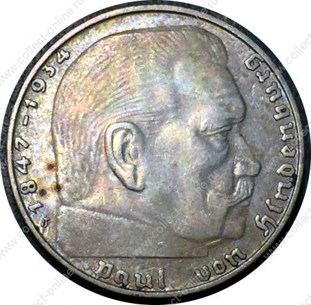 Германия • 3-й рейх 1939 г. J (Гамбург) • KM# 93 • 2 рейхсмарки • символ Рейха • Гинденбург • серебро • регулярный выпуск • BU-