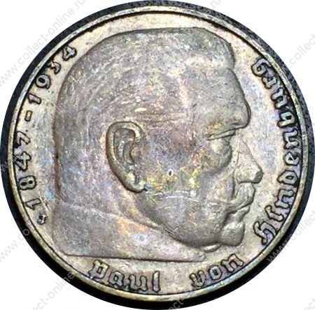 Германия • 3-й рейх 1937 г. G (Карлсруэ) • KM# 93 • 2 рейхсмарки • (серебро) • президент Гинденбург • регулярный выпуск • AU+