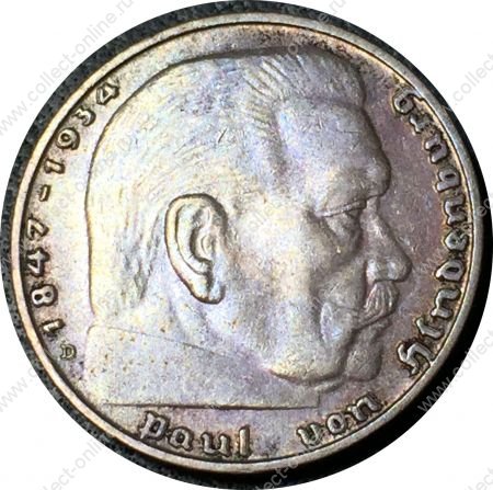 Германия • 3-й рейх 1937 г. D (Мюнхен) • KM# 93 • 2 рейхсмарки • (серебро) • президент Гинденбург • регулярный выпуск • AU