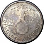 Германия • 3-й рейх 1937 г. A (Берлин) • KM# 93 • 2 рейхсмарки • (серебро) • президент Гинденбург • регулярный выпуск • BU-