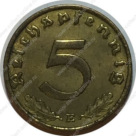 Германия • 3-й рейх 1937 г. E (Мюльденхуттен) • KM# 91 • 5 рейхспфеннигов • орел на венке • регулярный выпуск • AU+ ( кат. - $25 )