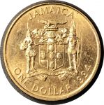 Ямайка 1994 г. • KM# 145 • 1 доллар • герб Ямайки • Сэр Александр Бустама́нте • регулярный выпуск • BU