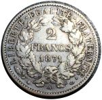 Франция 1871 г. A(Париж) KM# 817.2 • 2 франка • богиня Церера • серебро • регулярный выпуск • XF-