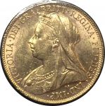 Великобритания 1899 г. • KM# 785 • соверен • королева Виктория • св. Георгий • золото 917 - 7.98 гр. • регулярный выпуск • MS BU