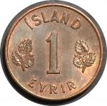 Исландия 1957 г. • KM# 8 • 1 эйре • герб Республики • регулярный выпуск • MS BU
