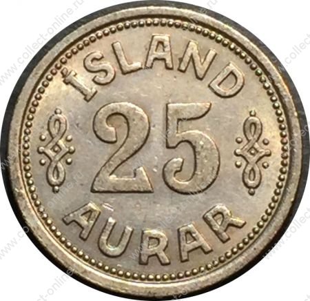 Исландия 1940 г. • KM# 2.2 • 25 эйре • государственный герб • регулярный выпуск • MS BU