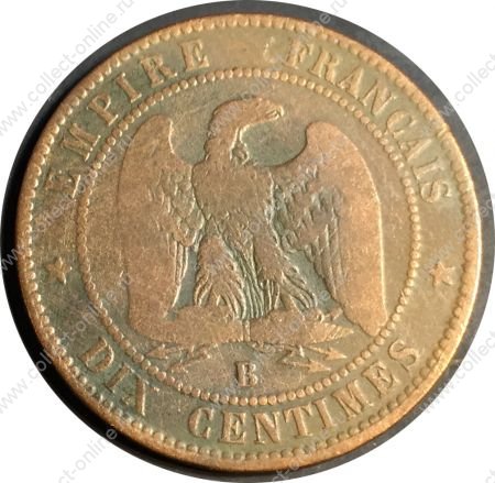 Франция 1856 г. B(Руан) • KM# 771.2 • 10 сантимов • Наполеон III • регулярный выпуск • F-