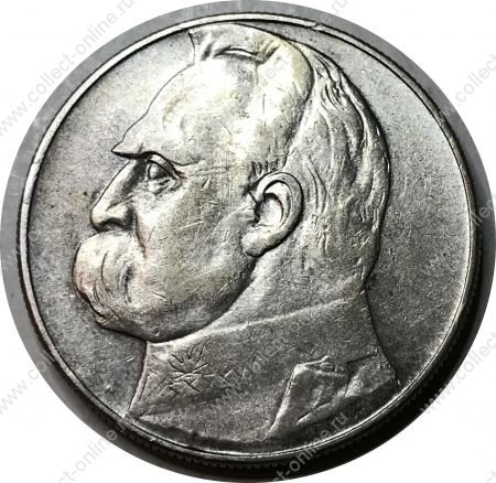 Польша 1936 г. • KM# 29 • 10 злотых • герб Польши • Юзеф Пилсудский • регулярный выпуск • XF+