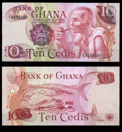 Гана 1977 г. • P# 16e • 10 цеди • мужчина с трубкой • регулярный выпуск • UNC пресс