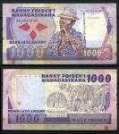 Мадагаскар 1988-1993 гг. • P# 72b • 1000 франков(200 ариари) • регулярный выпуск • F*