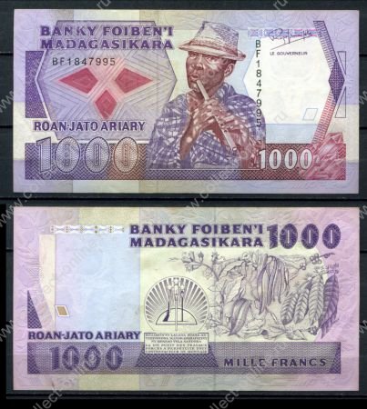 Мадагаскар 1988-1993 гг. • P# 72b • 1000 франков(200 ариари) • регулярный выпуск • AU+ пресс-
