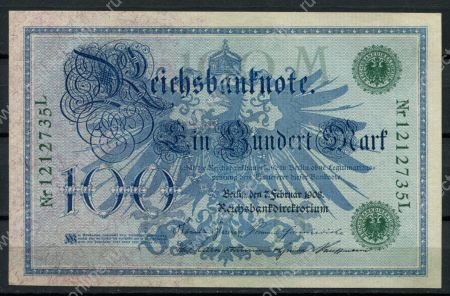 Германия 1908 г. • P# 34 • 100 марок • зелёный номер • регулярный выпуск • UNC пресс ( кат. - $ 20+ )