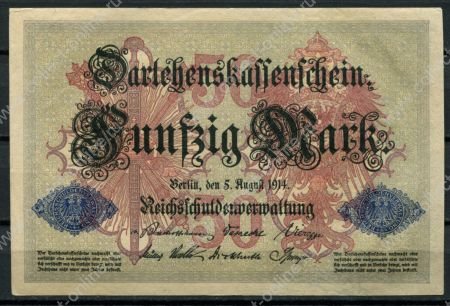 Германия 1914 г. • P# 49b • 50 марок • номер 7 цифр • регулярный выпуск • UNC пресс- ( кат. - $ 30+ )