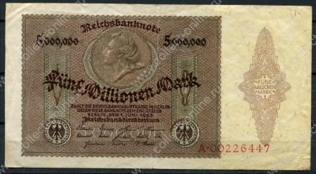 Германия 1923 г. • P# 90 • 5000000 марок • регулярный выпуск • XF+