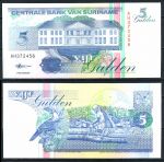 Суринам 1998 г. • P# 136b • 5 гульденов • здание Нацбанка • тукан • регулярный выпуск • UNC пресс 