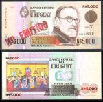 Уругвай 1989 г. • P# 68A • 5000 нов. песо • Педро Фигари • красн. надпечатка "NO EMITIDO"(не выпущена) • UNC пресс