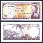 Восточные Карибы 1965 г. • P# 15g • 20 долларов • Елизавета II • пальма на пляже • подписи № 10 • регулярный выпуск • UNC пресс