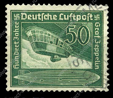 Германия 3-й рейх 1938 г. • Mi# 670 • 50 pf. • Граф Фердинанд фон Цеппелин (100 лет со дня рождения)  • авиапочта • Used VF ( кат. - €2 )