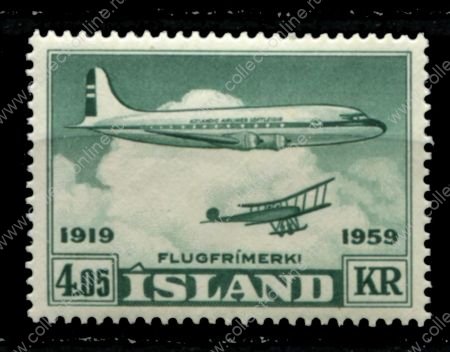 Исландия 1959 г. • Mi# 334 • 4.05 kr. • лайнер и аэроплан • авиапочта • MNH OG VF