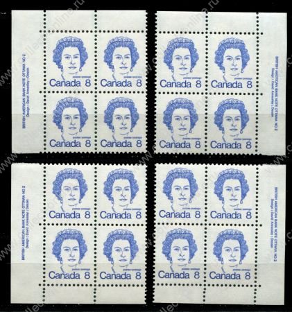 Канада 1972-1976 гг. • Sc# 593 • 8 c. • королева Елизавета II • стандарт • кв. блоки(4) комплект • MNH OG XF+