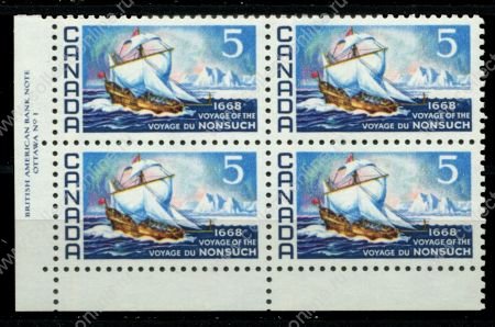 Канада 1968 г. • SC# 482 • 5 c. • 300-летие плавания "Нонсуча" в заливе Гудзон • кв. блок • MNH OG XF+