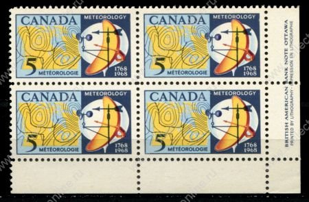 Канада 1968 г. • Sc# 479 • 5 c. • 200 лет с начала метео-наблюдений в Канаде • кв. блок • MNH OG XF+
