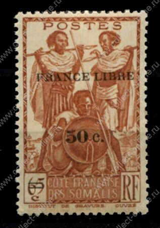 Берег Сомали 1942 г. • Iv# 233 • 50 на 60 c. • надпечатка "Свободная Франция" • MNH OG F-VF