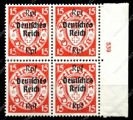 Германия 3-й рейх 1939 г. • Mi# 722 • 15 pf. • надпечатка "Deutsches Reich" на марке Данцига • № кв.блок • MNH OG XF+ ( кат.- € 96+ )